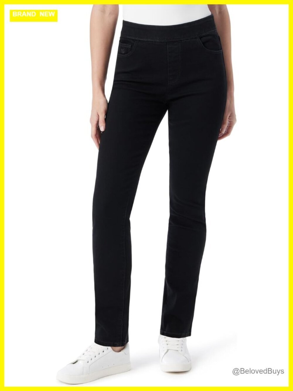 High Rise Pull On Straight Leg Jeans with Hidden Elastic Waistband